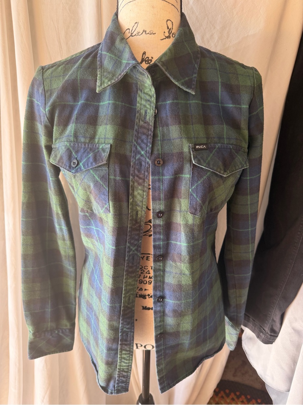 RVCA Navy and Green Plaid Flannel Shirt
